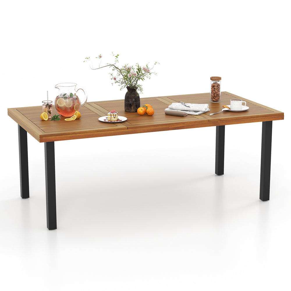 Acacia wood dining table for 8 with slatted design, 1.9" umbrella hole, perfect for outdoor gatherings.
