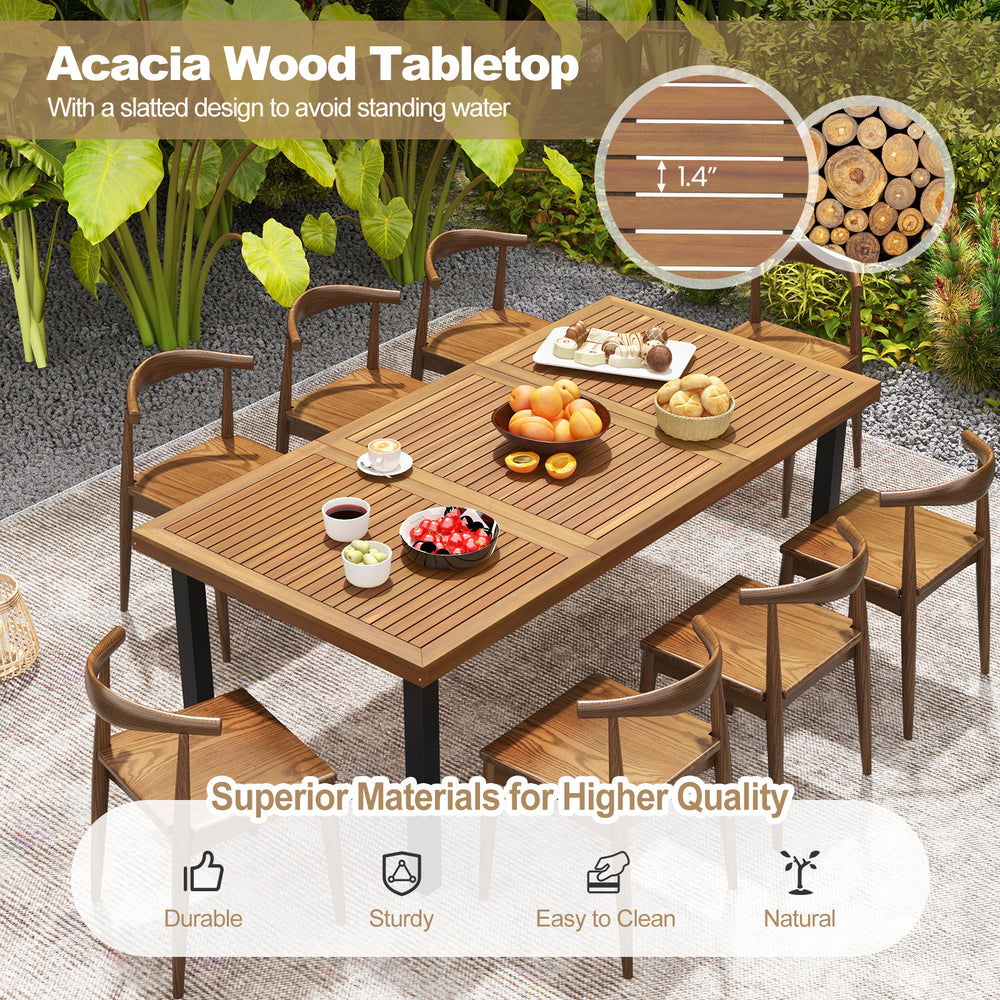 79" acacia wood dining table with slatted design, accommodating 8 people, perfect for outdoor gatherings.