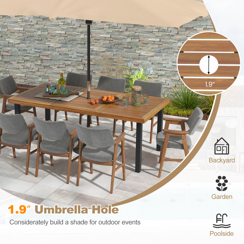 79-inch acacia wood dining table with 1.9-inch umbrella hole, perfect for 8-person gatherings by the poolside.