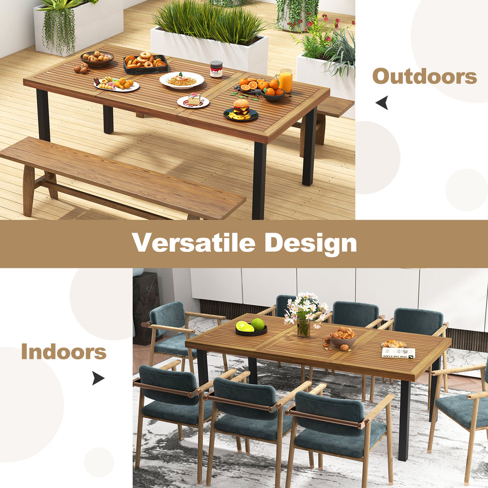 79-inch acacia wood dining table with slatted design, suitable for 8 people, perfect for indoor and outdoor gatherings.