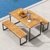 Top view of the acacia wood dining table for 6, featuring a slatted surface and integrated umbrella hole, perfect for.