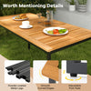 Acacia wood dining table for 6 with slatted top, powder-coated metal legs, and adjustable foot pads for stability.