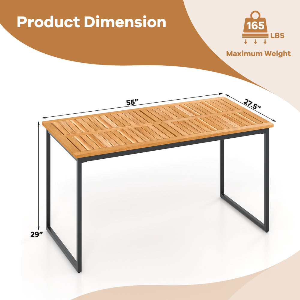 Dimensions of the acacia wood dining table for 6, featuring a slatted tabletop and umbrella hole, ideal for outdoor use.