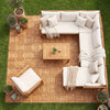 Acacia wood interlocking deck tiles arranged on a patio, showcasing natural beauty and easy assembly for outdoor use.