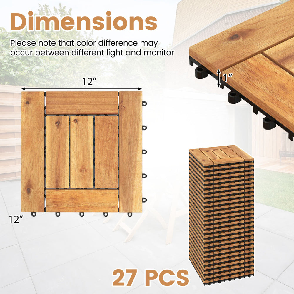 Acacia wood interlocking deck tiles in natural finish, 12"x12", ideal for patio, balcony, or poolside use.