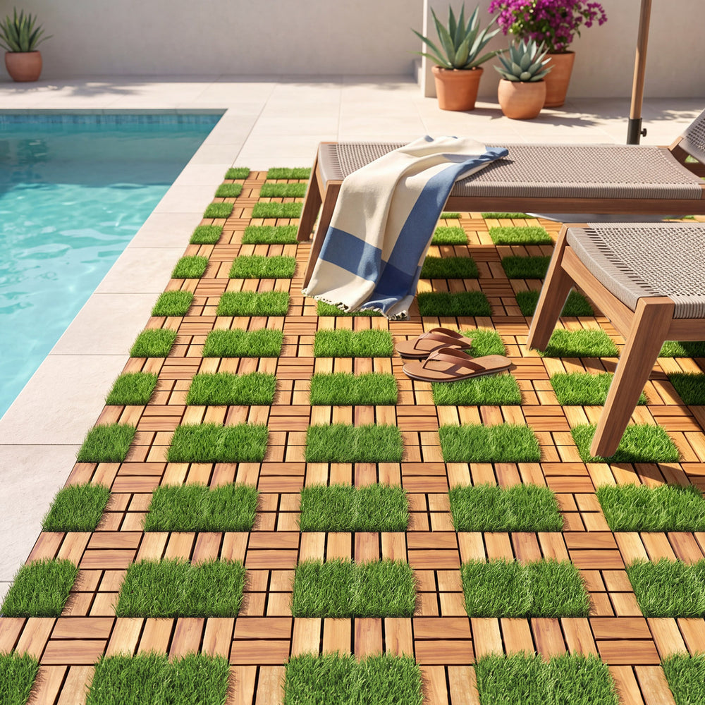 Acacia wood interlocking deck tiles feature realistic artificial grass, perfect for enhancing outdoor spaces by the pool.