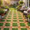 Acacia wood interlocking deck tiles with artificial grass create a natural look for outdoor patios and gardens.