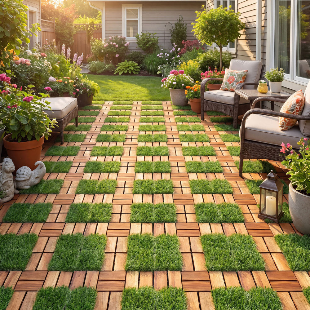 Acacia wood interlocking deck tiles with artificial grass create a natural look for outdoor patios and gardens.