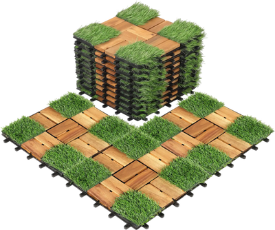 Costway Acacia Wood Interlocking Deck Tiles w/ Artificial Grass 27292472 New