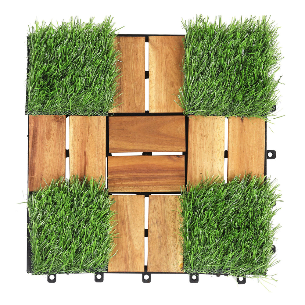 Acacia wood interlocking deck tiles feature artificial grass for a natural look, designed for easy installation and drainage.