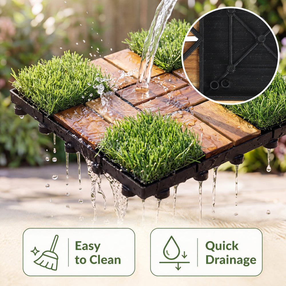 Acacia wood interlocking deck tiles with artificial grass feature easy cleaning and quick drainage for outdoor use.