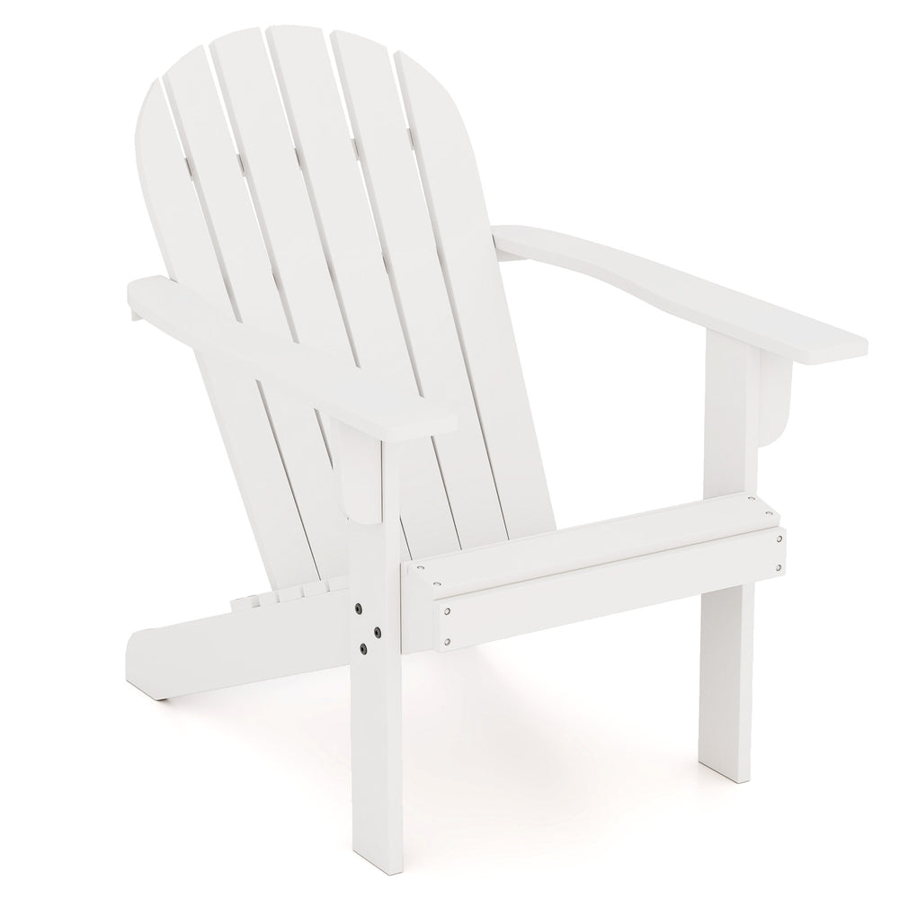 White acacia wood Adirondack chair with inclined seat and wide armrests, perfect for backyard or poolside relaxation.