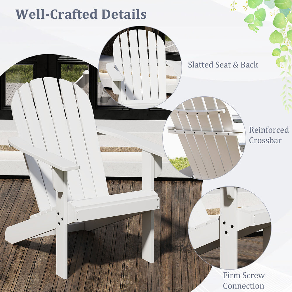 White acacia wood Adirondack chair with slatted seat and back, ideal for backyard relaxation and outdoor use.