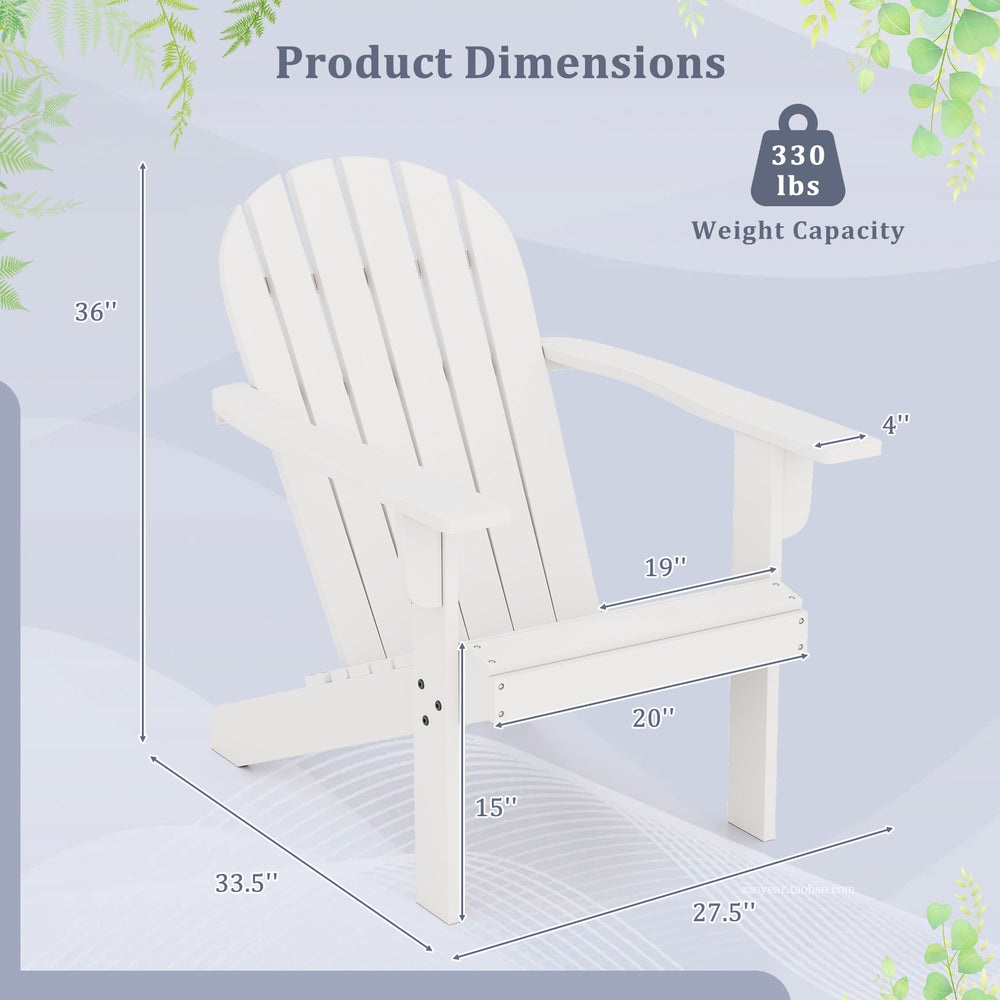 White acacia wood Adirondack chair dimensions with inclined seat and wide armrests, ideal for patio and backyard use.