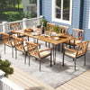 Rectangular acacia wood patio dining set with 8 chairs, featuring padded cushions and umbrella hole for outdoor.
