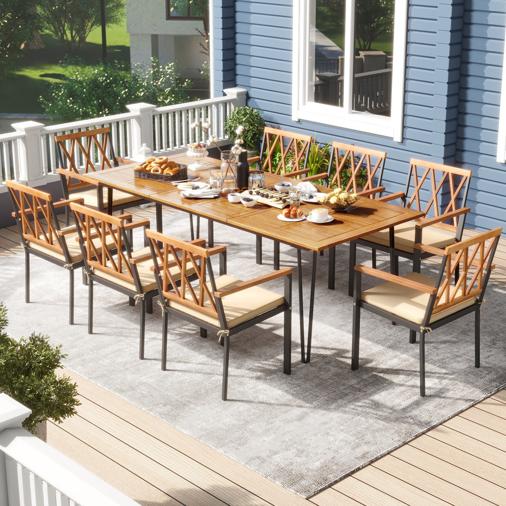 Rectangular acacia wood patio dining set with 8 chairs, featuring padded cushions and umbrella hole for outdoor.