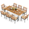 Rectangular acacia wood patio dining set with 8 chairs, featuring padded cushions and a 2-inch umbrella hole.