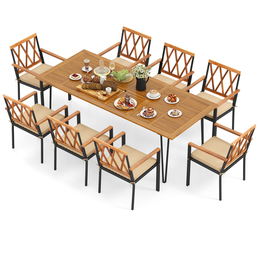 Rectangular acacia wood patio dining set with 8 chairs, featuring padded cushions and a 2-inch umbrella hole.