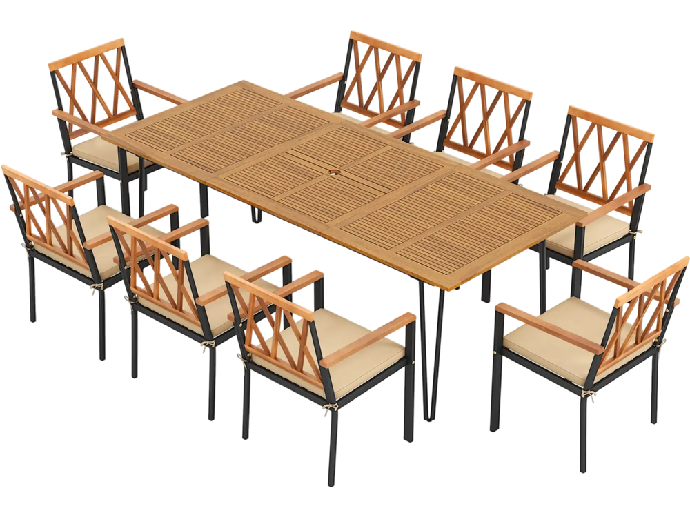 Acacia Wood Outdoor Furniture Set 9 Pieces Patio Dining Set with 8 Chairs