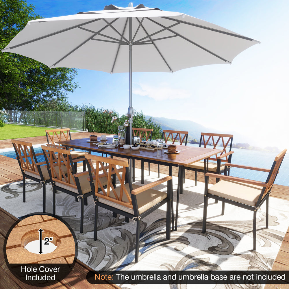 Acacia wood outdoor dining set with 8 chairs, featuring a spacious table and comfortable padded cushions for patio use.