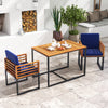 Acacia wood outdoor dining chairs set of 2 with navy soft cushions, perfect for patio or garden relaxation.