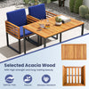 Acacia wood outdoor dining chairs set of 2 with navy soft cushions, featuring a splinter-free surface and sturdy metal.