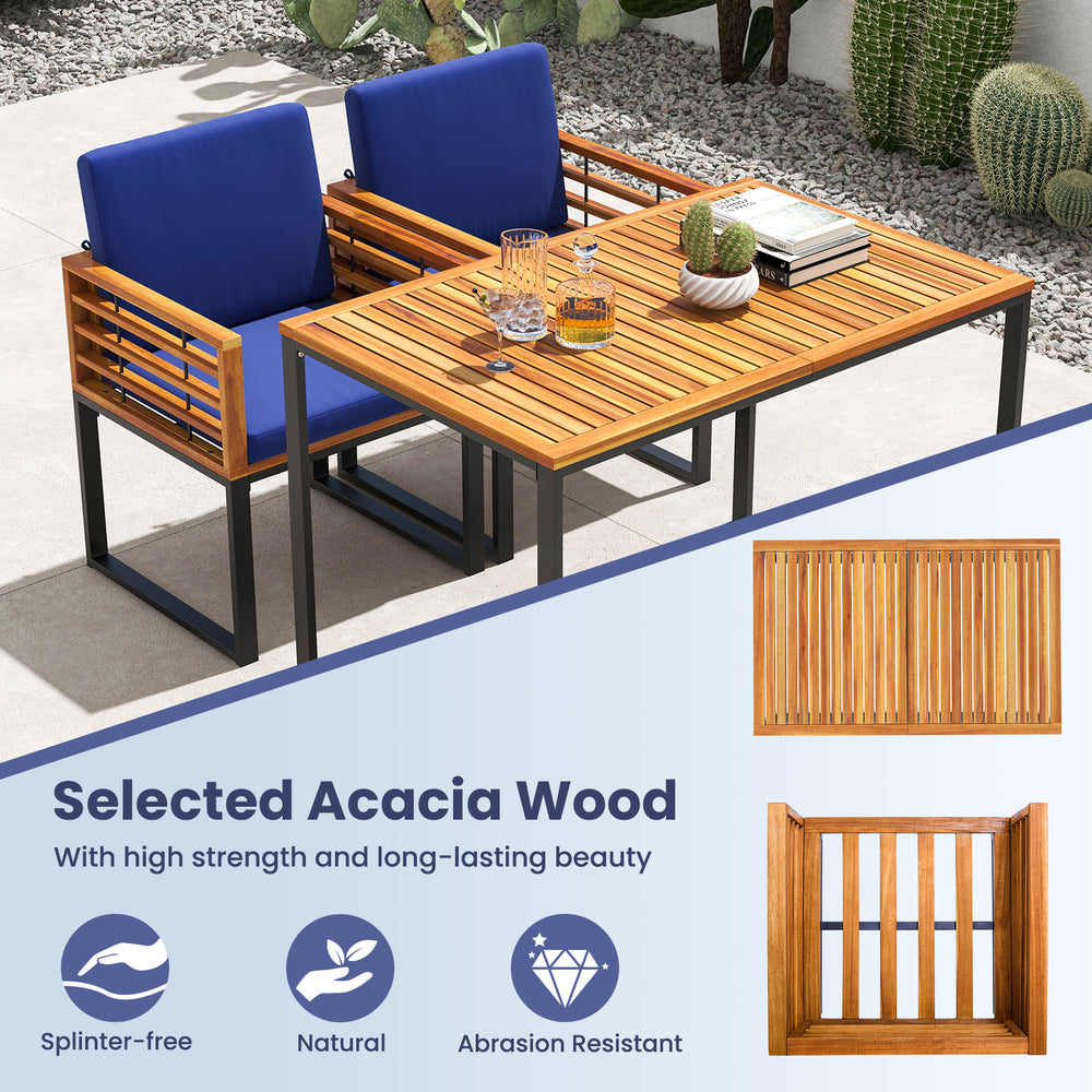 Acacia wood outdoor dining chairs set of 2 with navy soft cushions, featuring a splinter-free surface and sturdy metal.