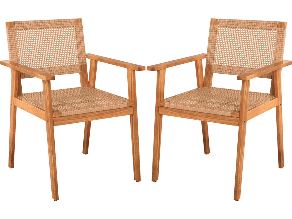 Acacia Wood Outdoor Dining Chairs Set of 2 PE Rattan Patio Chairs with Backrests and Armrests