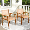 Set of 2 acacia wood outdoor dining chairs with PE rattan, featuring backrests and armrests, perfect for patio use.