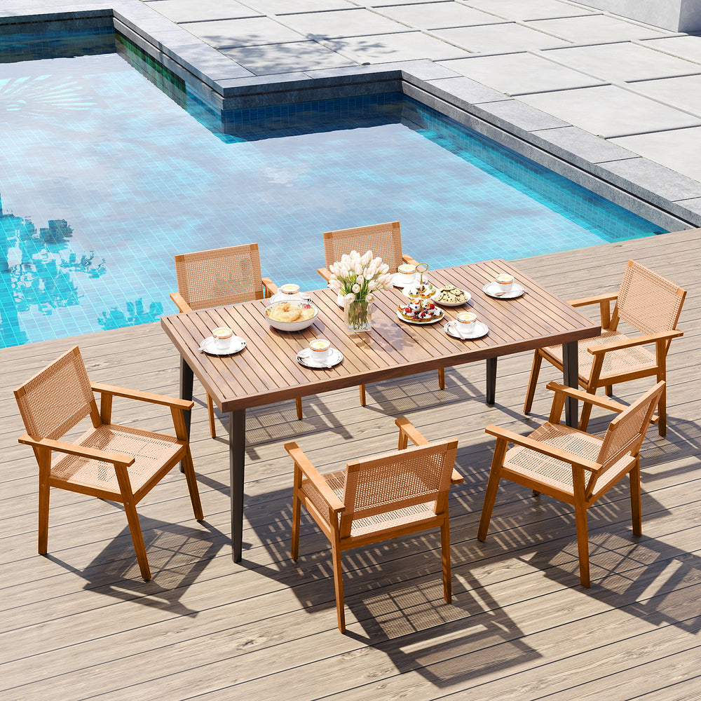 Acacia wood outdoor dining chairs set of 2 with PE rattan, featuring backrests and armrests, ideal for patio dining.