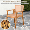 Acacia wood outdoor dining chair with PE rattan seat, featuring armrests and backrest, ideal for patio or indoor use.