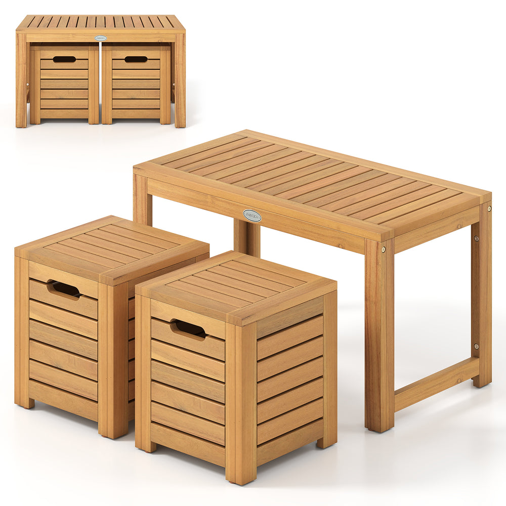 Acacia wood outdoor coffee table with two stools, featuring hidden storage and a smooth, splinter-free surface for.