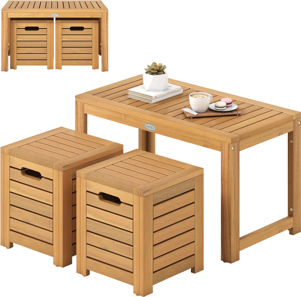 Acacia Wood Outdoor Coffee Table with Stools Set of 2 3 Pieces Patio Table and Stools Set