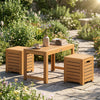 Acacia wood outdoor coffee table with two stools, featuring a natural finish and hidden storage for patio convenience.