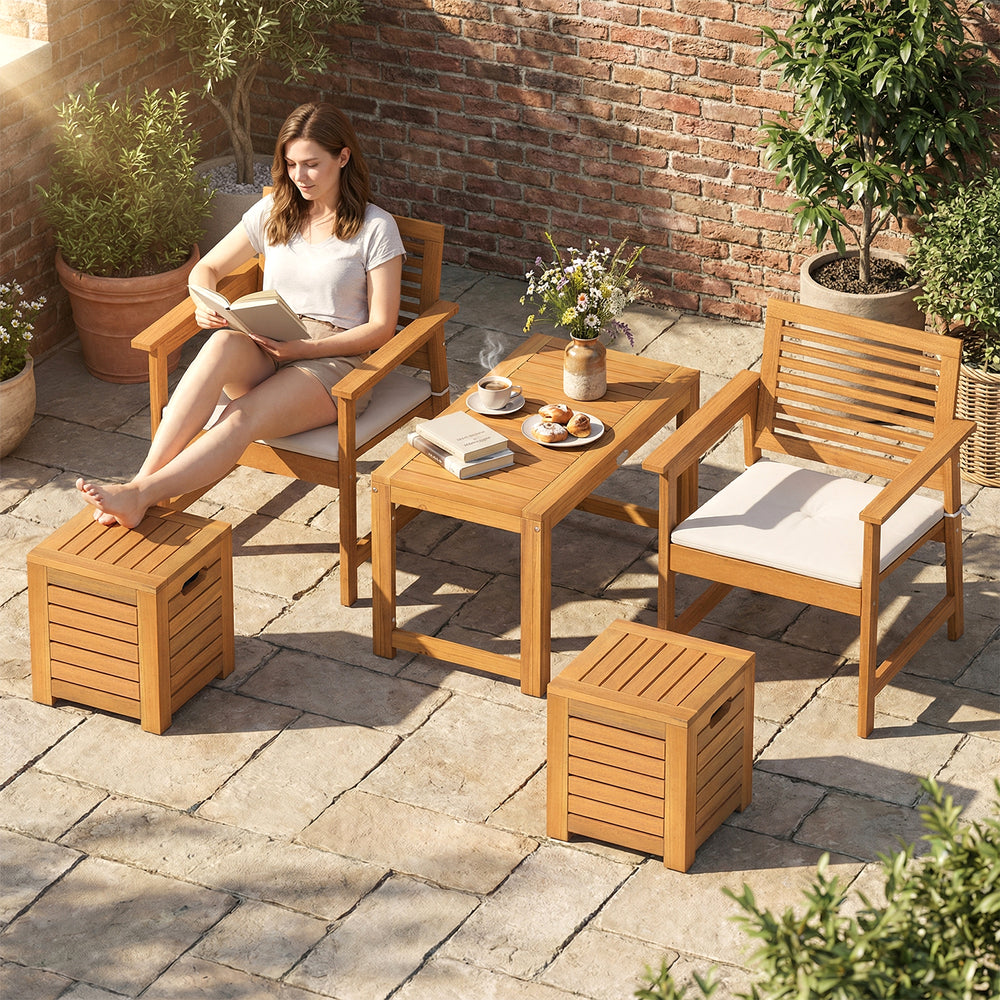Acacia wood outdoor coffee table set with two stools, perfect for patio or balcony, featuring hidden storage and.