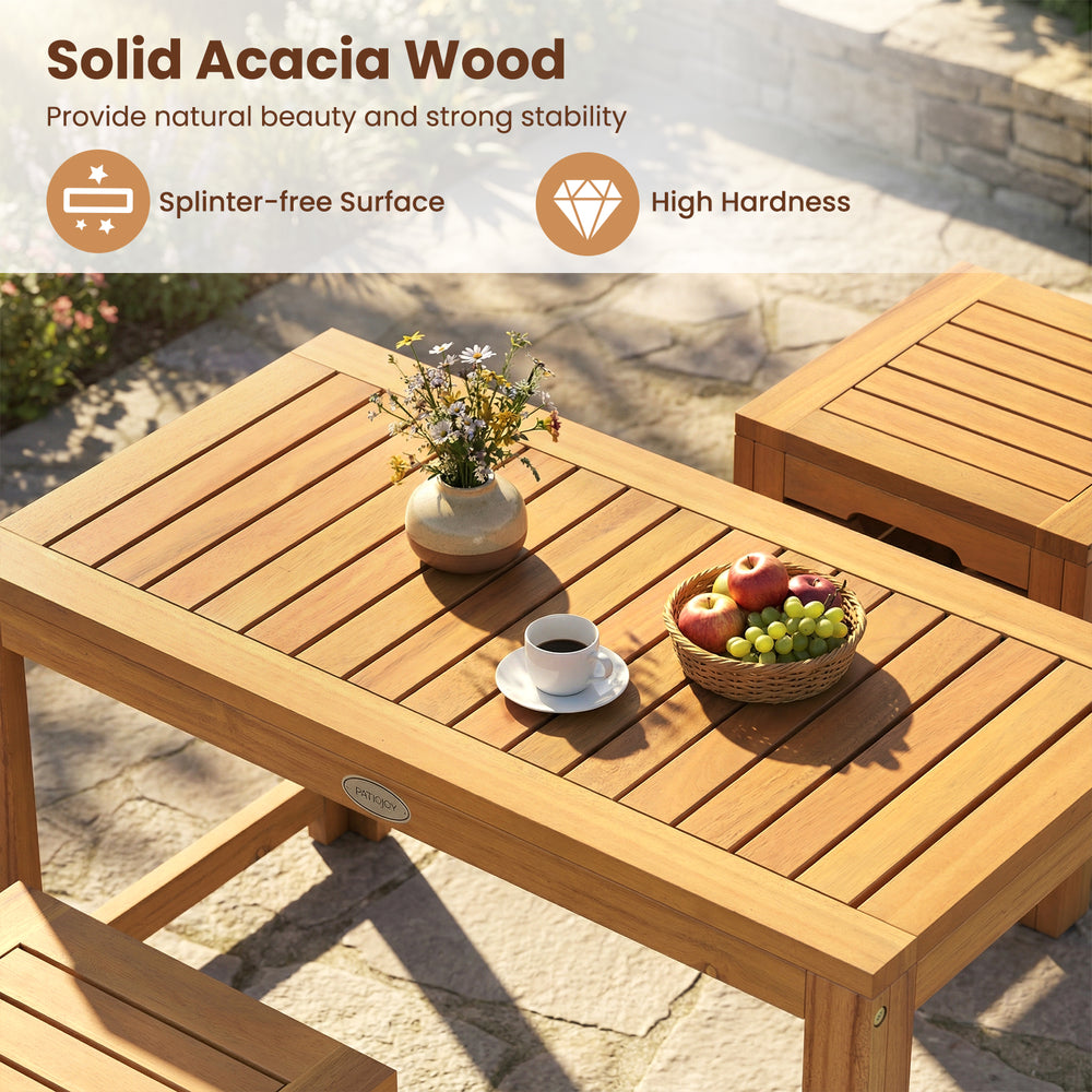 Acacia wood outdoor coffee table with two stools, featuring a splinter-free surface, ideal for patio or garden use.