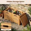 Acacia wood outdoor coffee table with two stools, featuring hidden storage and cut-out handles for easy mobility.