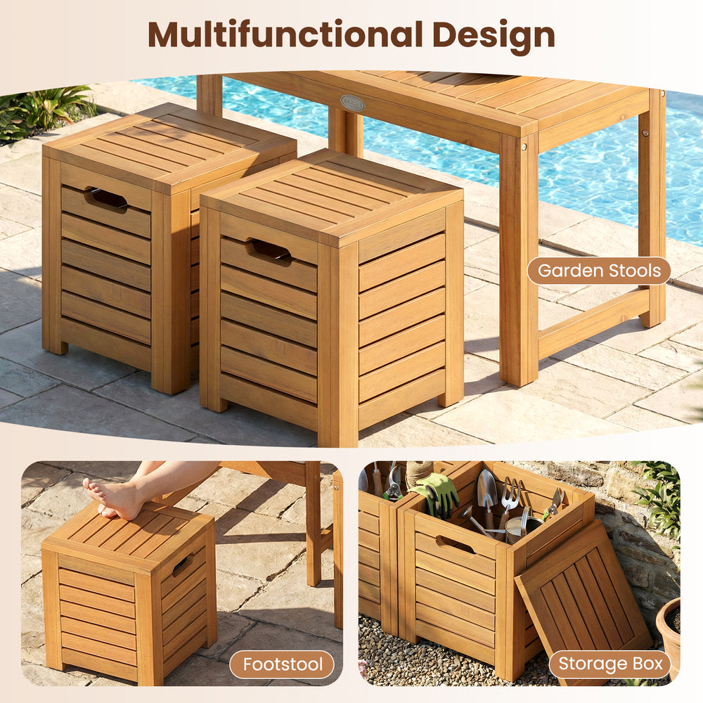 Acacia wood garden stools with cut-out handles, versatile for storage or as footstools, ideal for outdoor spaces.