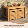 Acacia wood outdoor coffee table with two stools tucked underneath, perfect for space-saving in patios or gardens.