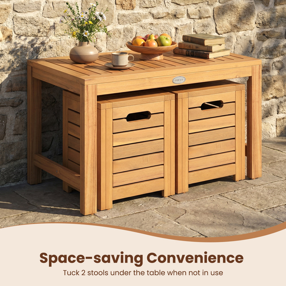 Acacia wood outdoor coffee table with two stools tucked underneath, perfect for space-saving in patios or gardens.