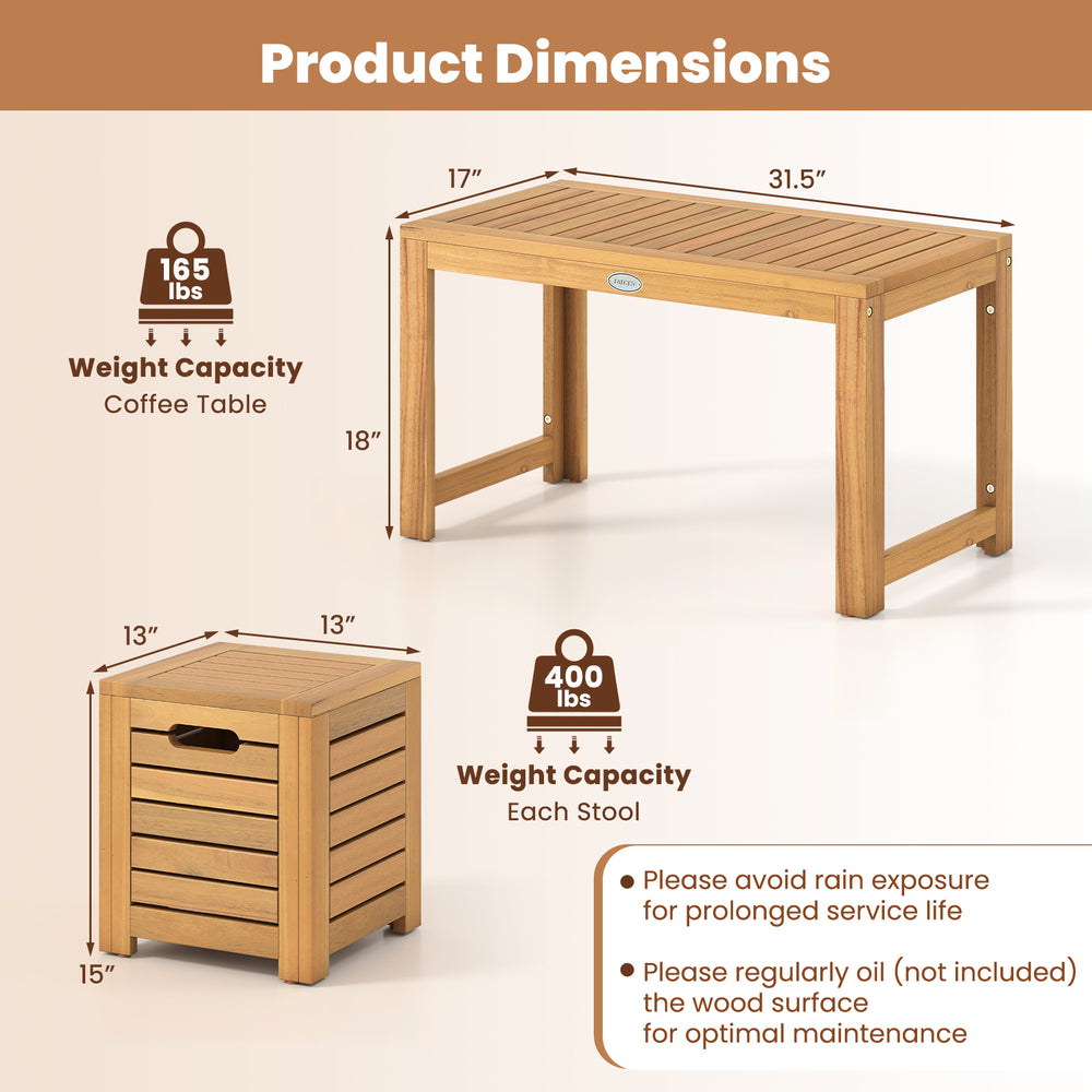 Acacia wood coffee table dimensions showing weight capacity of 165 lbs, ideal for outdoor use on patios or balconies.