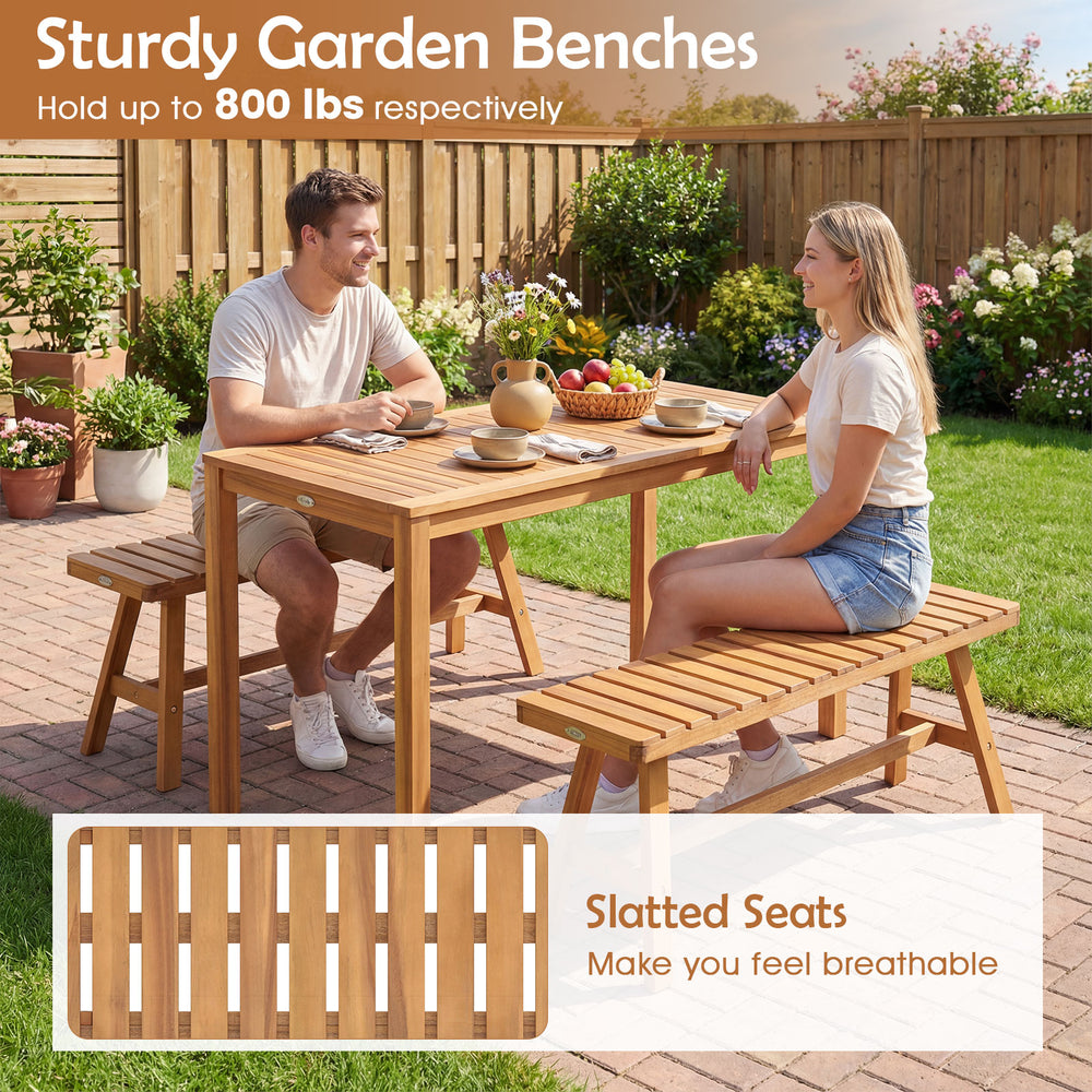 Acacia wood outdoor garden bench with slatted seat, supports 800 lbs, perfect for patio or garden use.