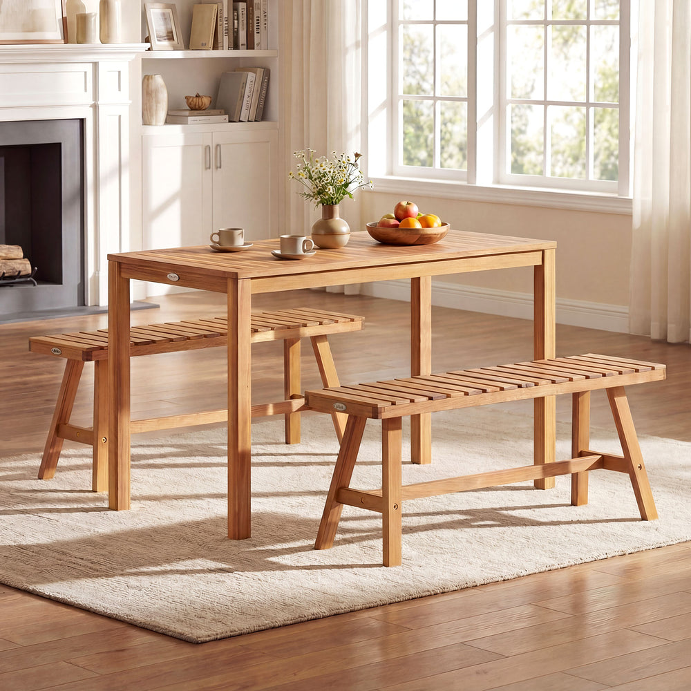 Acacia wood outdoor garden bench set with slatted seat, 800 lbs capacity, perfect for patio or balcony use.