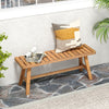 Acacia wood outdoor garden bench featuring a slatted seat and stylish natural finish, ideal for porch or balcony.