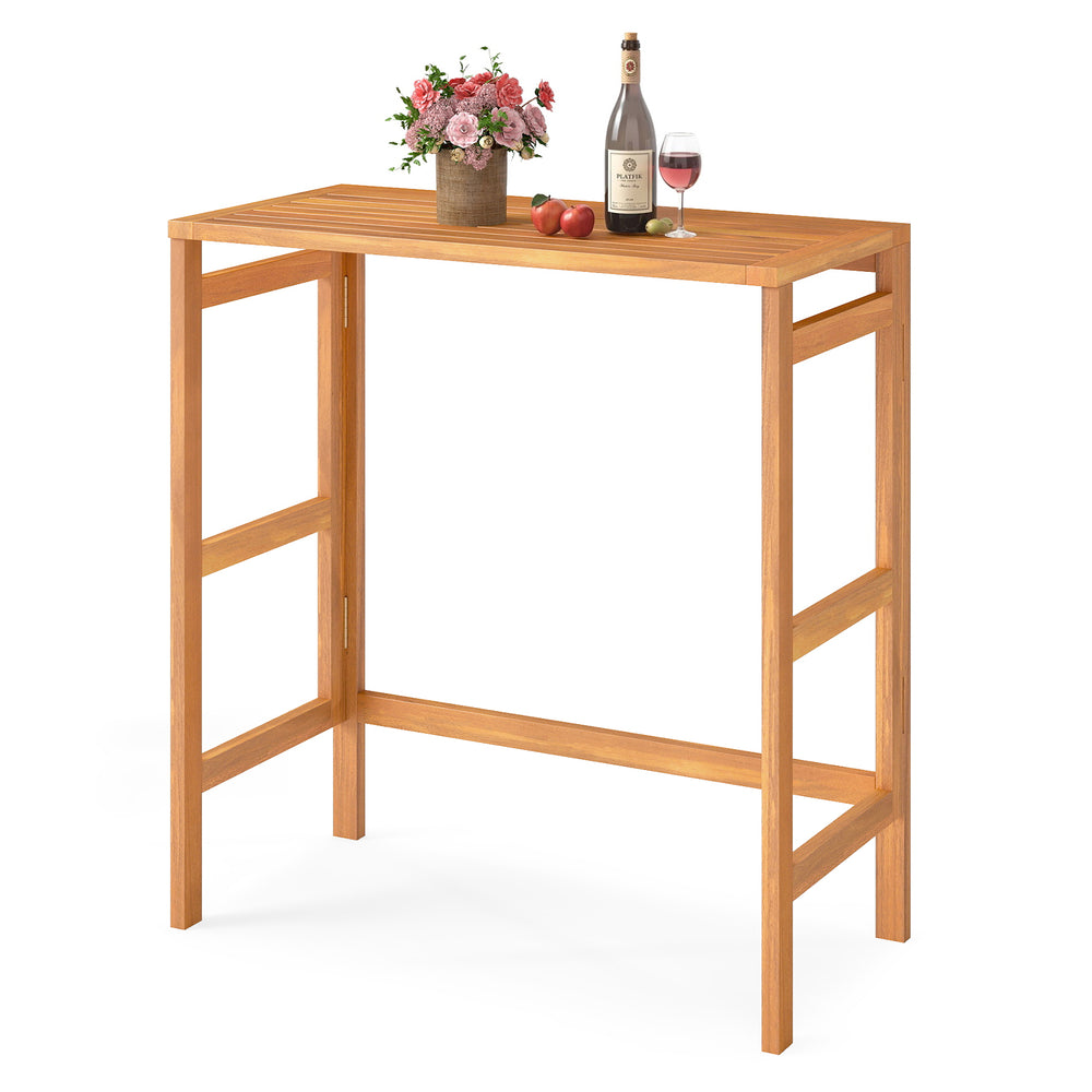 Acacia wood outdoor bar table with slatted tabletop, foldable design, ideal for balcony or patio use.