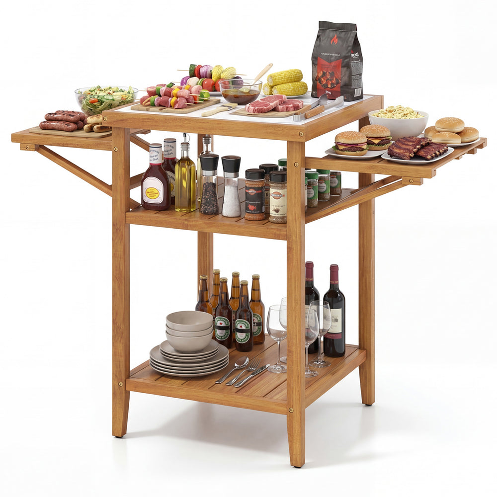 Acacia wood outdoor grill table with faux marble top, featuring drop-leaf side panels and two-tier open shelf for.