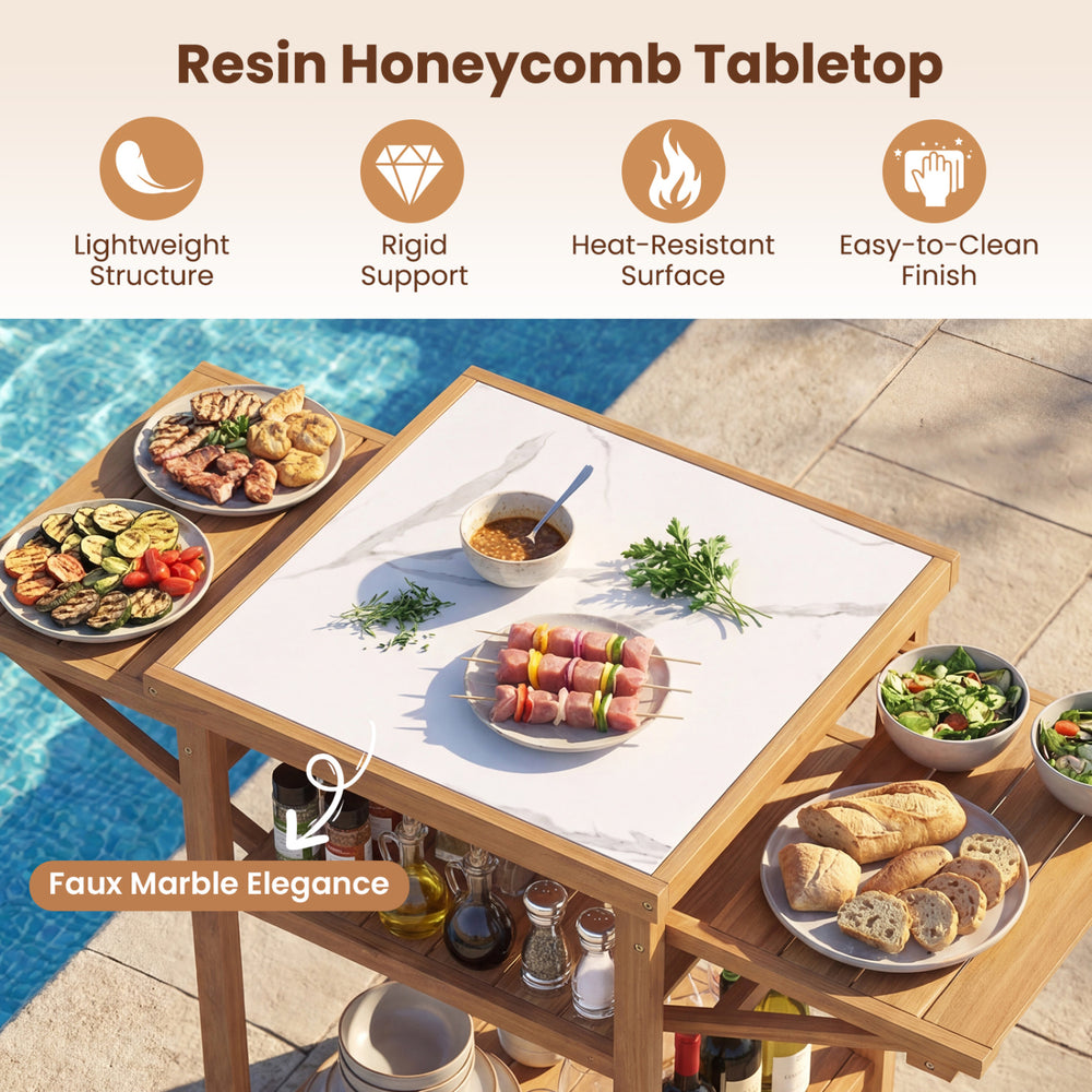 Acacia wood outdoor grill table with faux marble top, featuring drop-leaf side panels for extra prep space and easy.