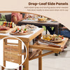 Acacia wood outdoor grill table with faux marble top and drop-leaf side panels, perfect for prep and serving space.