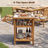 Acacia wood outdoor grill table with faux marble top, featuring a 2-tier open shelf for organized tools and supplies.
