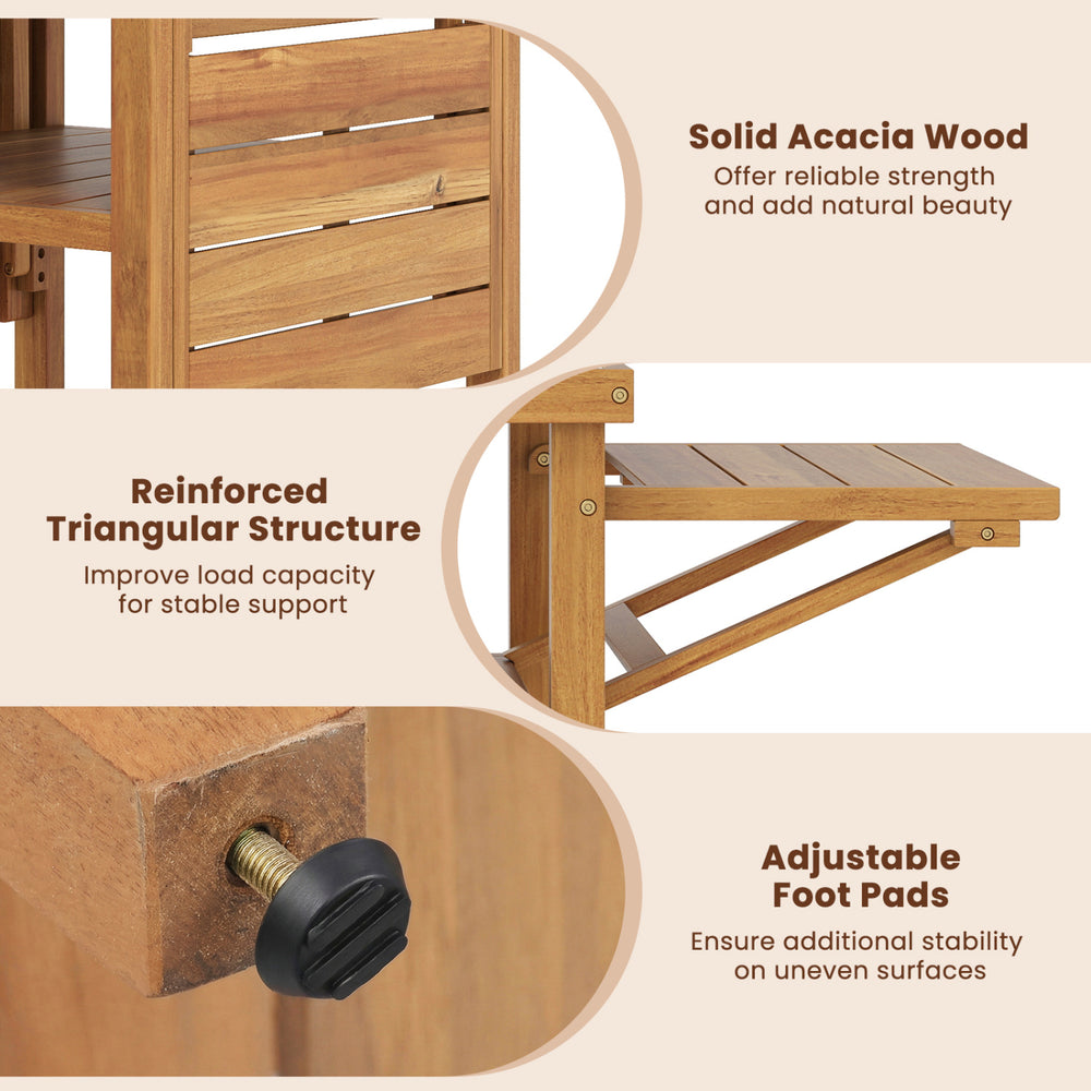Close-up of the acacia wood outdoor grill table showcasing the reinforced triangular structure and adjustable foot pads.